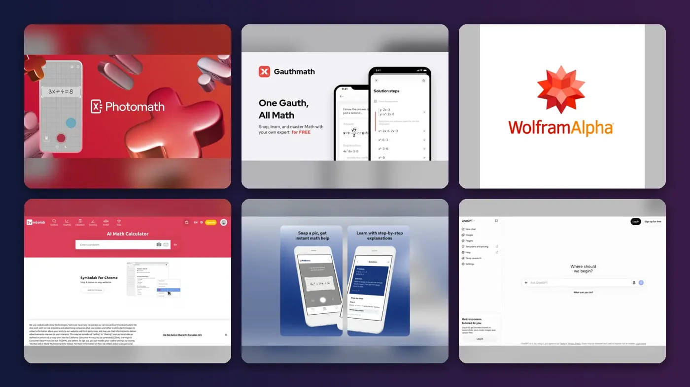Collage of the official websites of Photomath, Gauth, Wolfram|Alpha, Symbolab, Mathway and ChatGPT