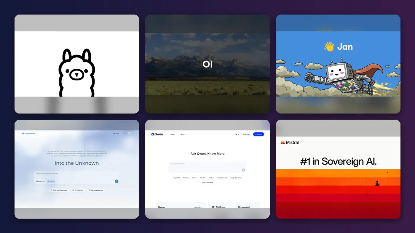 Collage of the official websites of Ollama, Open WebUI, Jan, DeepSeek, Qwen and Mistral