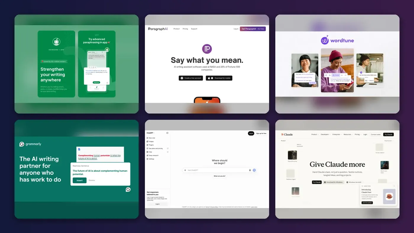 Collage of the official websites of QuillBot, ParagraphAI, Wordtune, Grammarly, ChatGPT and Claude