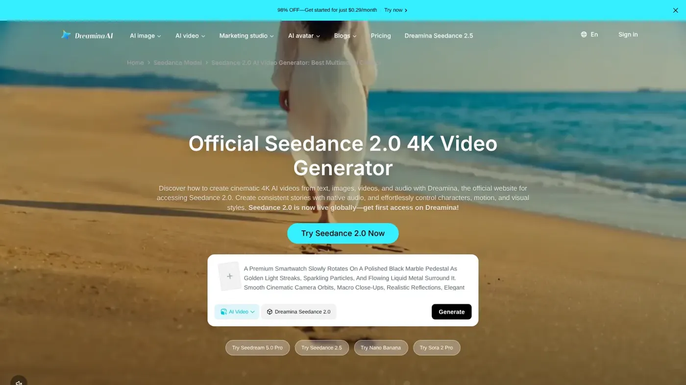 Homepage of Seedance on Dreamina (official website)