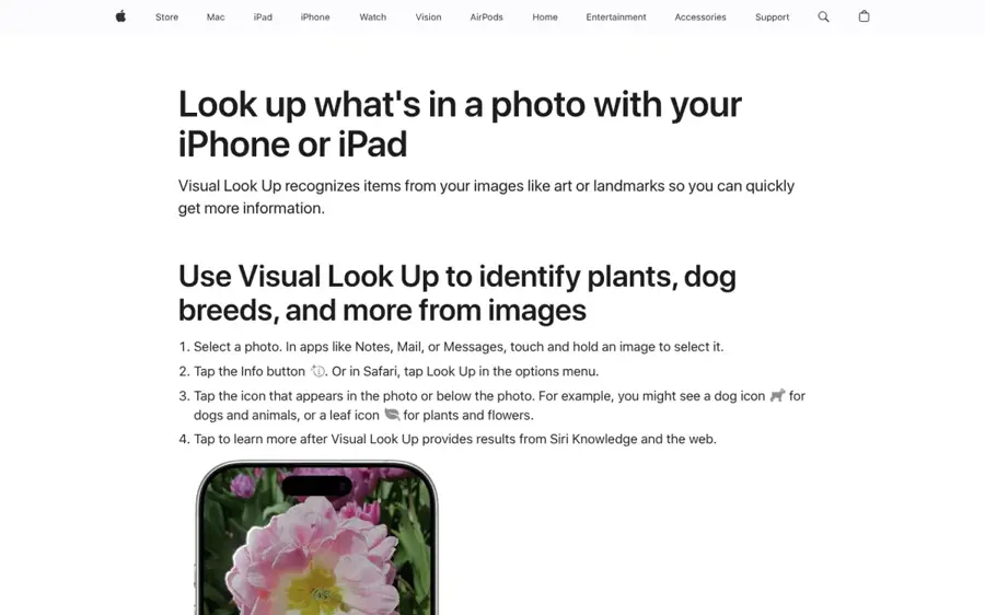 Apple Visual Look Up homepage