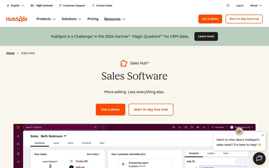 HubSpot Sales Hub homepage