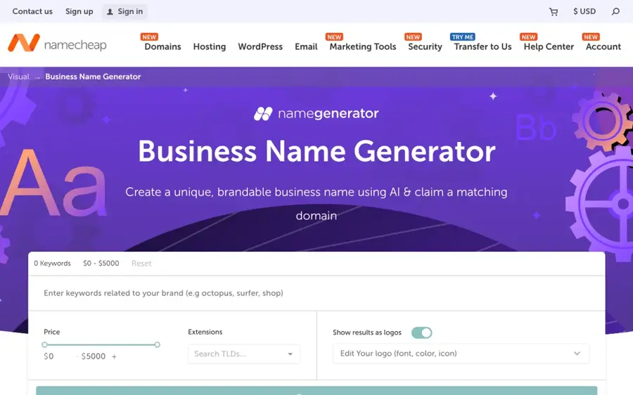 Namecheap Business Name Generator homepage