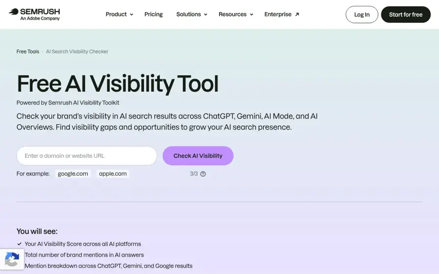 Semrush Free AI Visibility Tool homepage